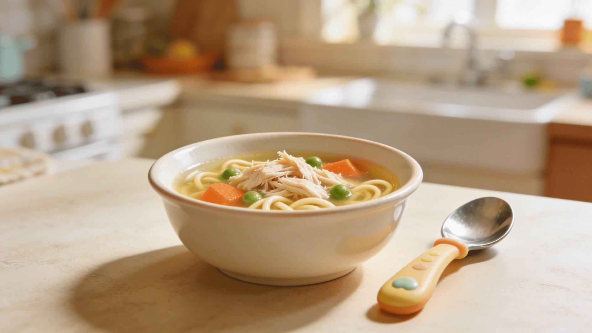 Alt Text mild chicken noodle soup with shredded chicken soft carrots peas and tiny noodles