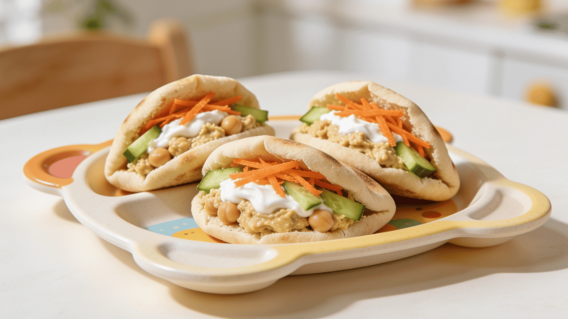 Alt Text small pita pockets filled with mashed chickpeas yogurt carrot and cucumber for toddlers (1)