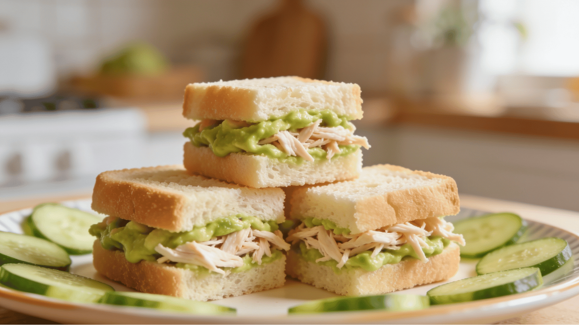 Alt Text soft avocado chicken sandwiches cut into small squares and served with cucumber slices