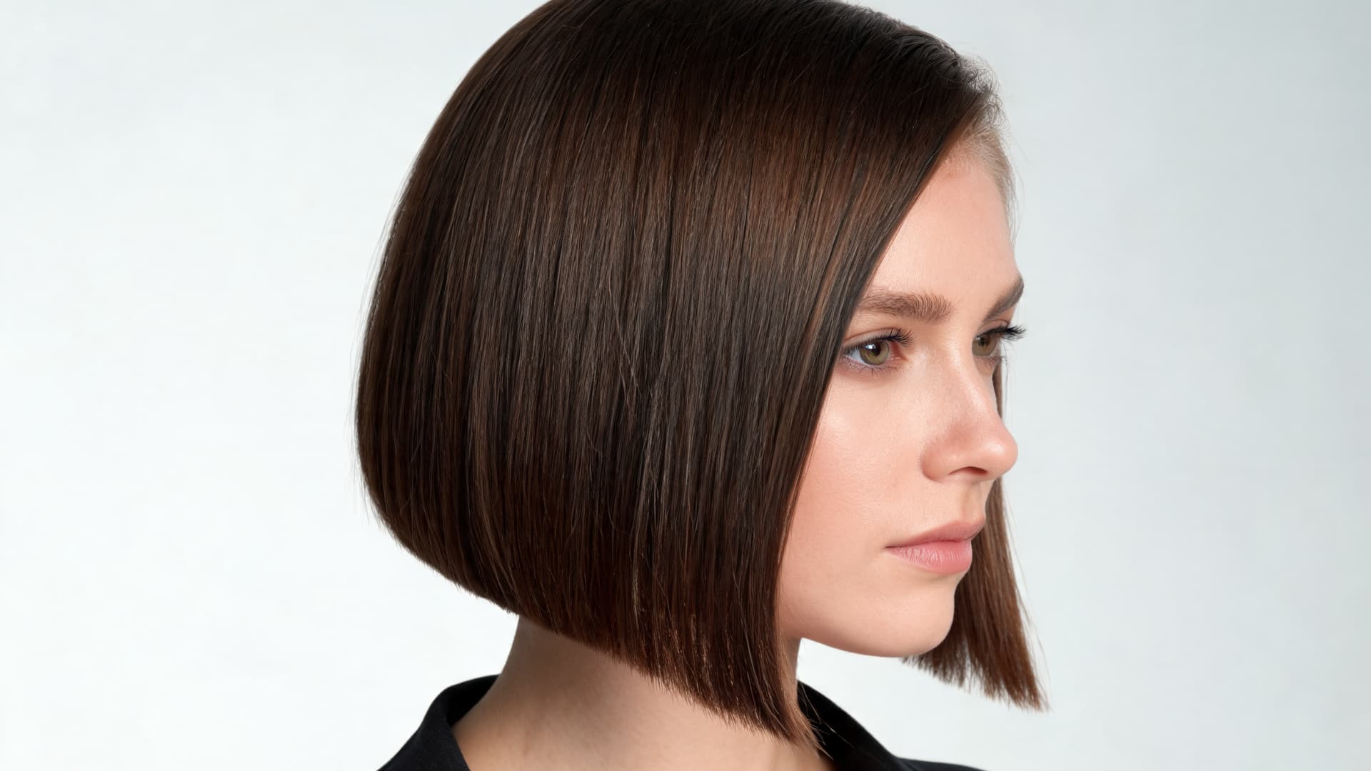 angled bob hairstyle with shorter back and longer front pieces shaping thick straight hair