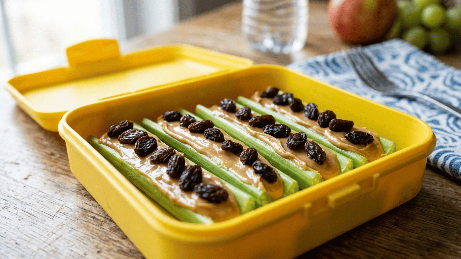 ants on a log celery sticks packed in a yellow plastic lunchbox