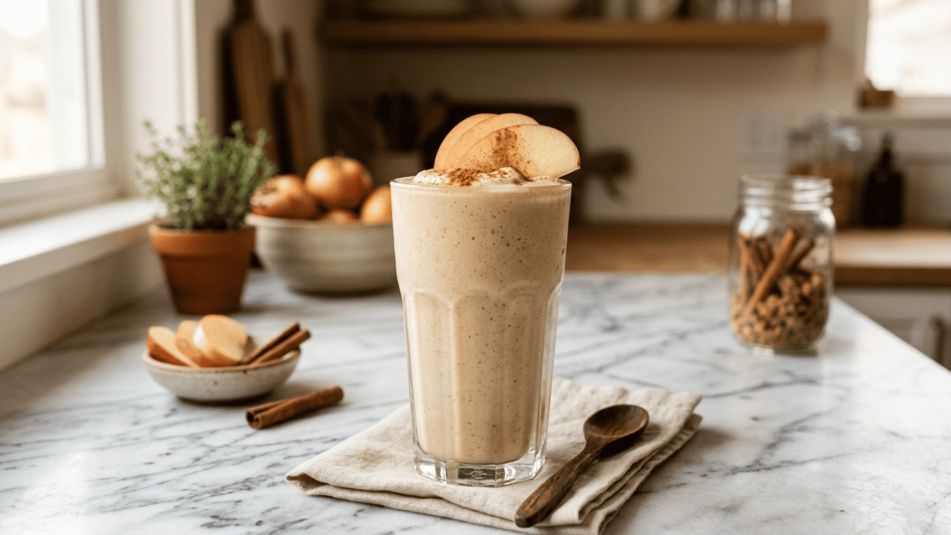 apple pie smoothie in a glass garnished with apple slice
