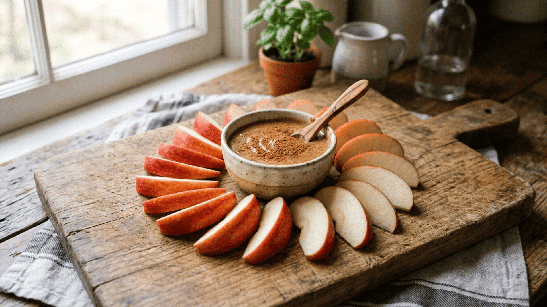 apple slices arranged around a bowl of almond butter dip