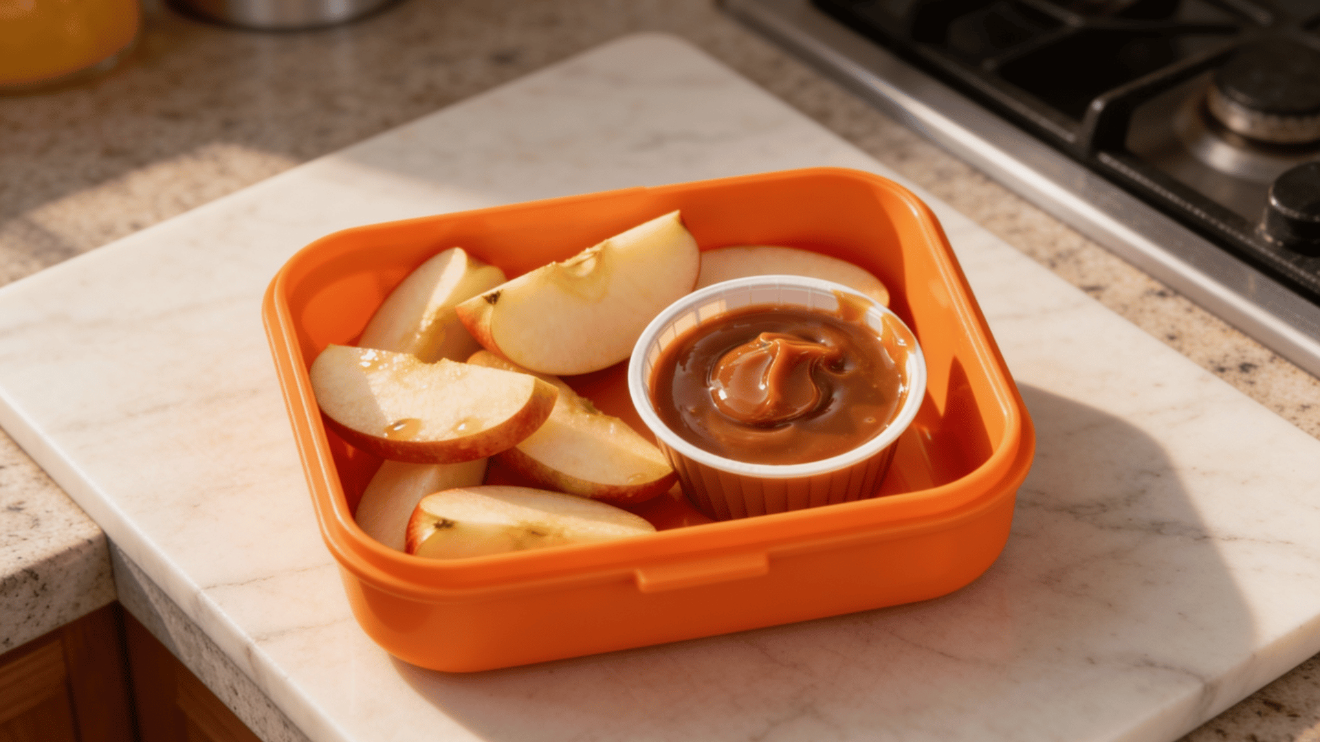 apple slices and caramel dip cup packed in an orange kids lunchbox