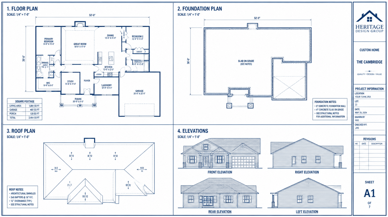 architectural blueprint showing floor plan foundation plan roof plan and exterior elevations for a house design