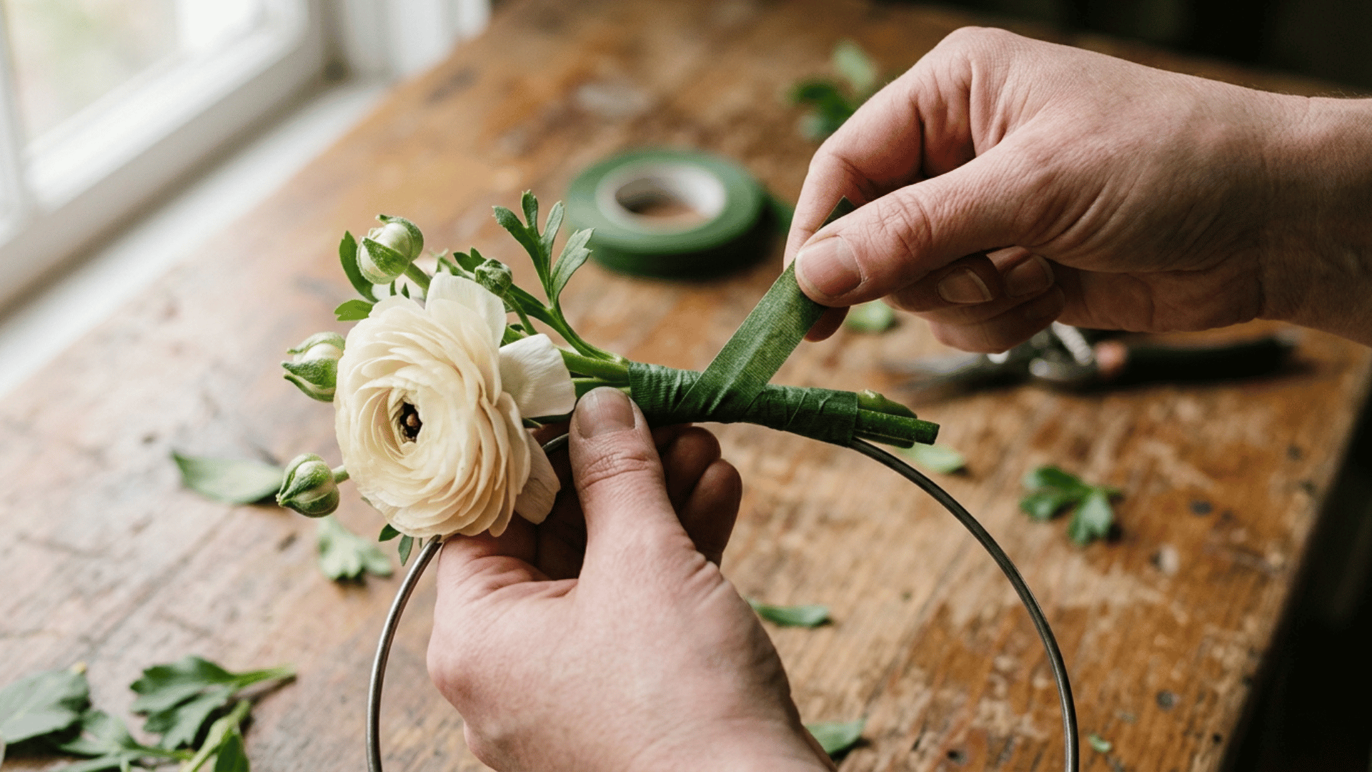 first flower being taped onto a wire flower crown base