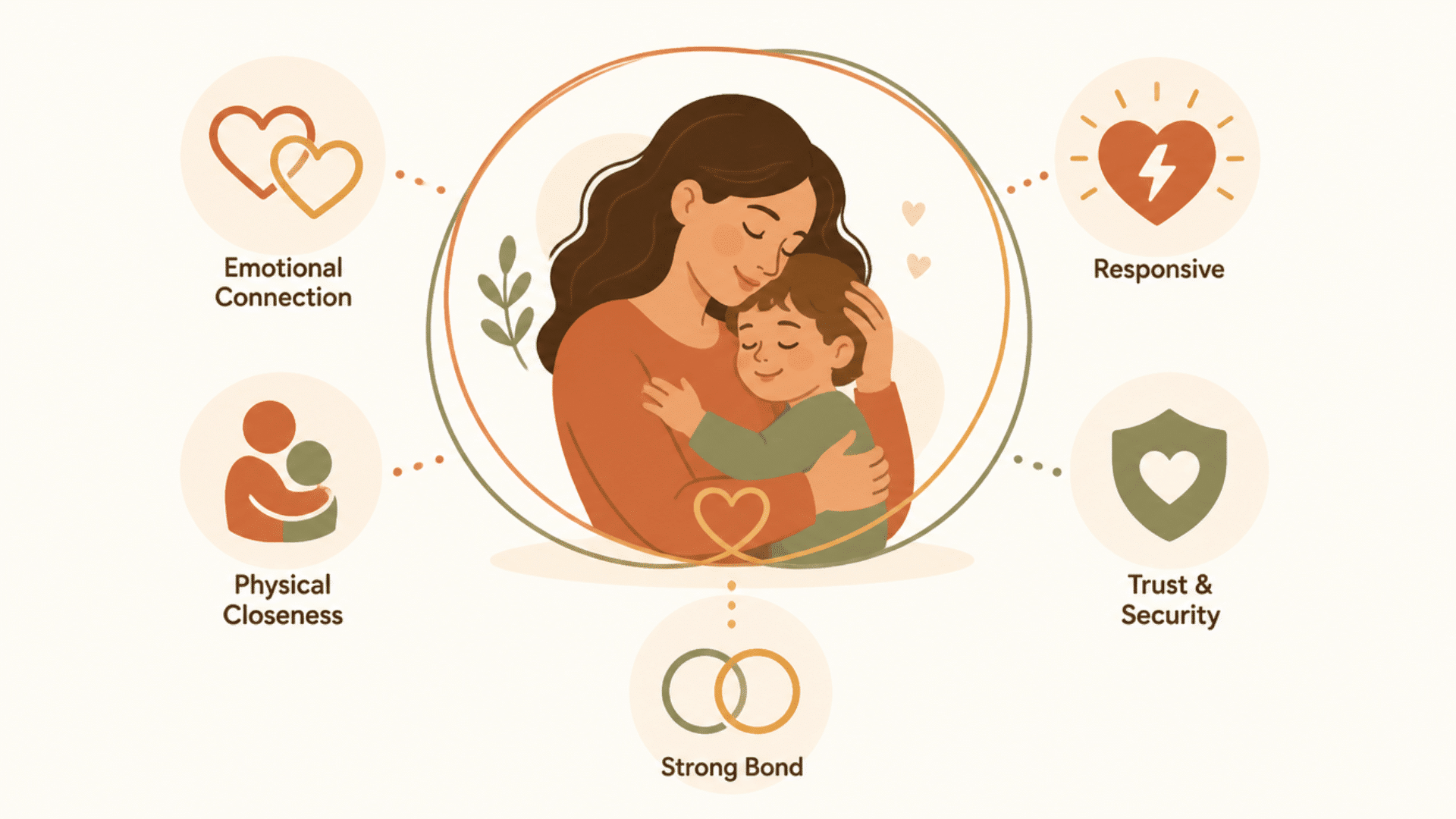 attachment parenting infographic showing emotional connection, physical closeness, trust, security, and strong bond between parent and child