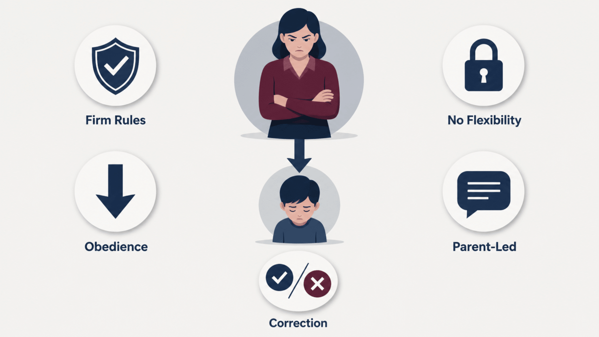 authoritarian parenting infographic showing strict rules, obedience, parent led approach, and limited flexibility with child response
