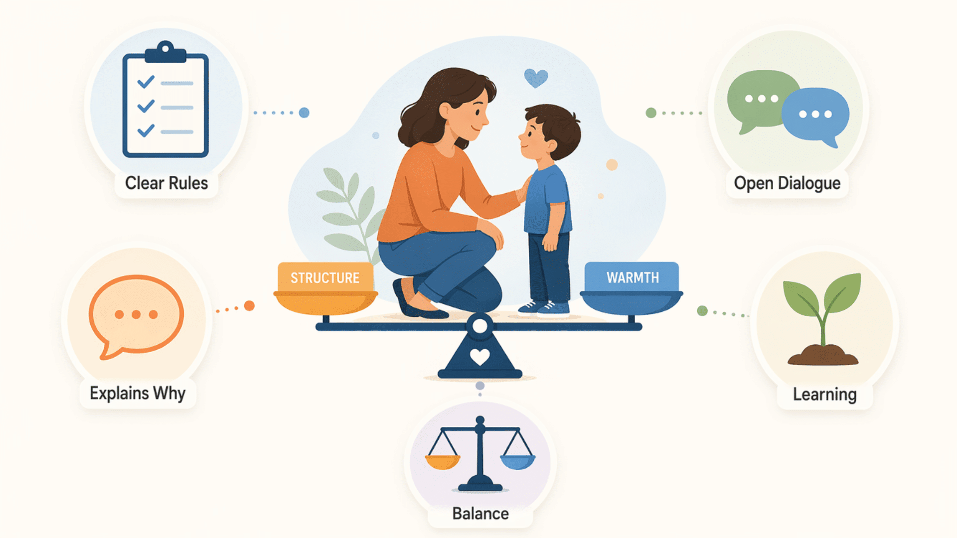 authoritative parenting infographic showing parent and child with balance, clear rules, open dialogue, and supportive learning approach