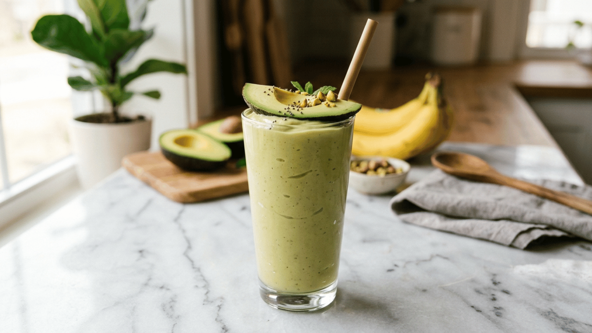 avocado banana smoothie in a glass topped with avocado slice
