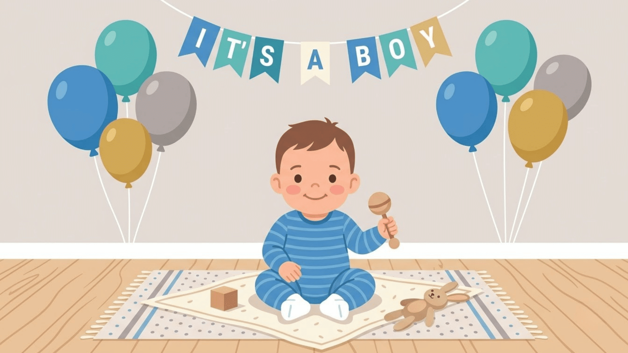 baby boy celebration card with balloons and playful decorations for welcoming a newborn