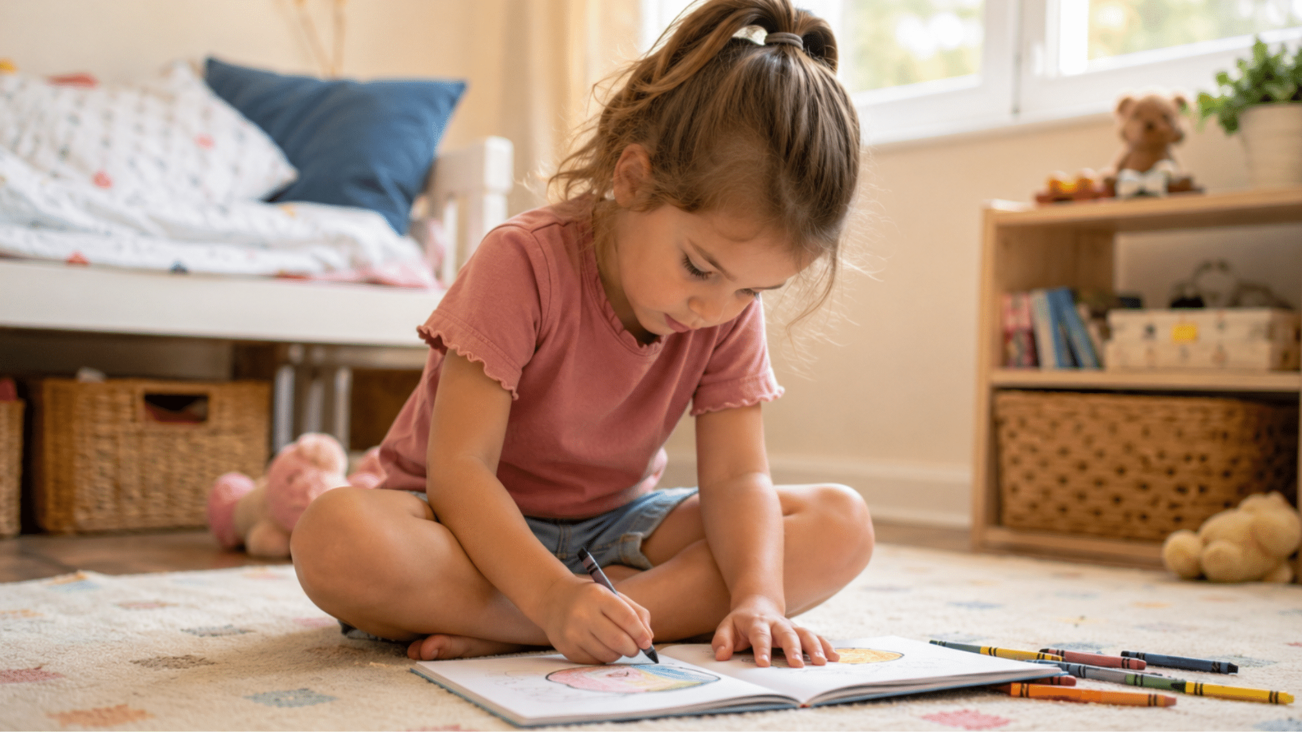 4 year old child drawing and playing with puzzles at a table during a learning activity at home