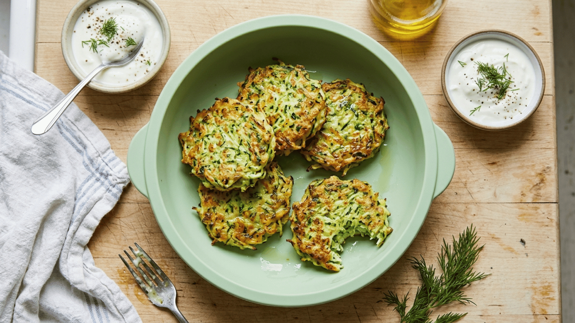 golden zucchini fritters served in a green silicone bowl for baby