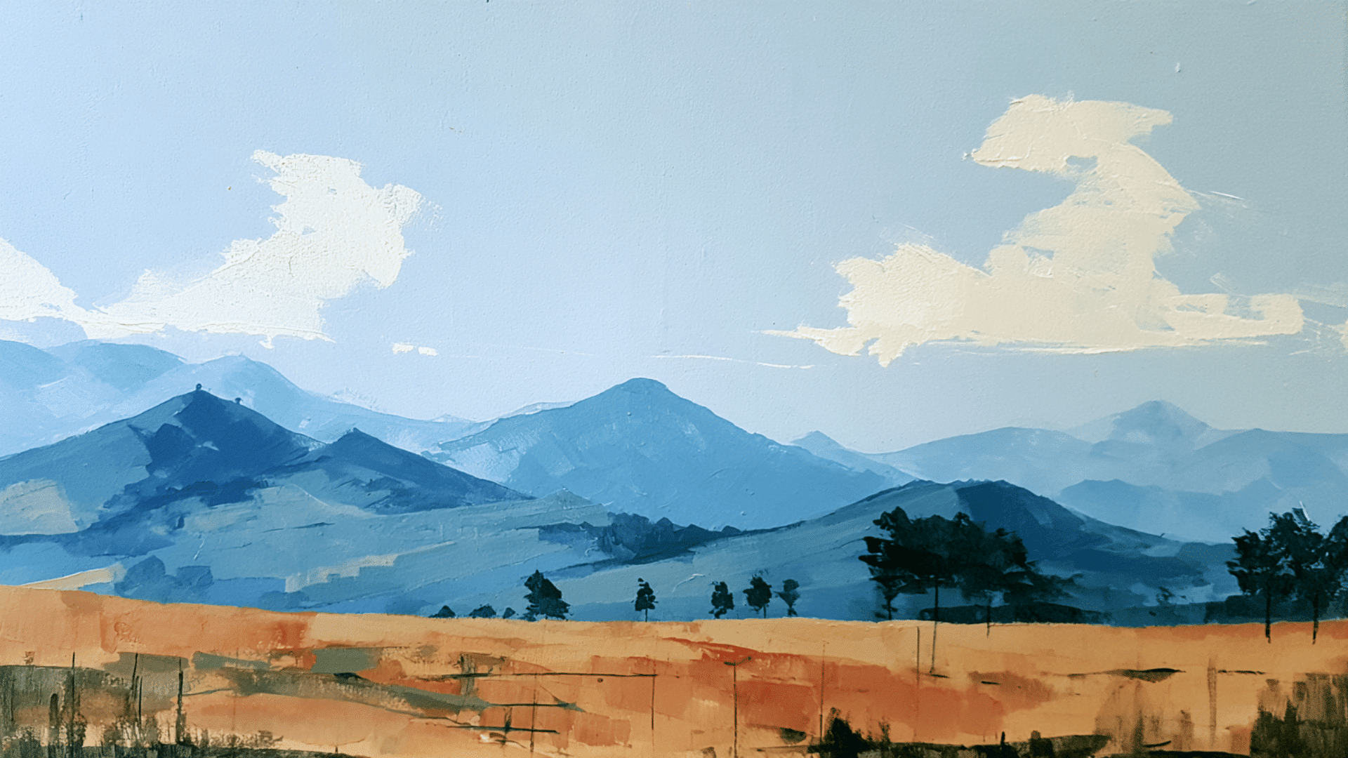 background placement mountain scene, acrylic painting style, distant hills and trees placed near the horizon line, foreground left open with subtle land texture