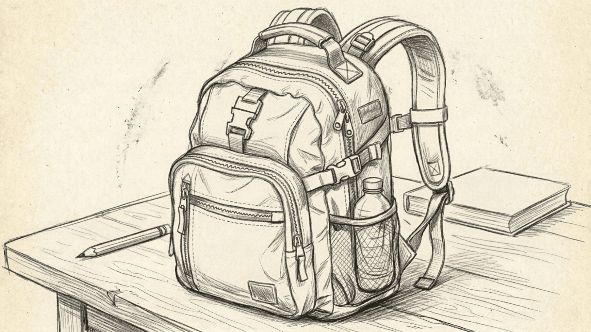 pencil sketch of a backpack showing zippers, straps, and front pockets with fabric folds