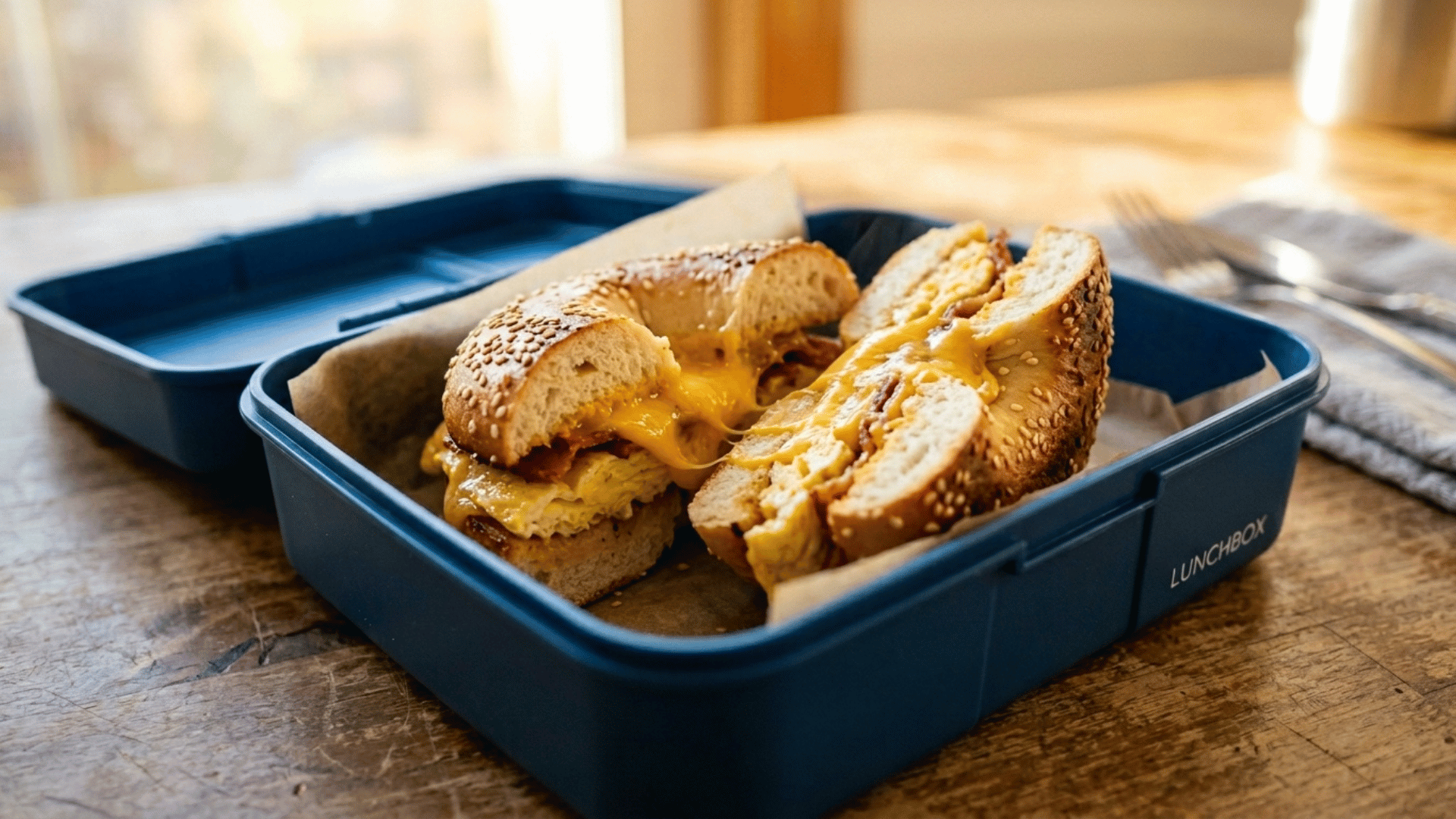 bagel breakfast sandwich with egg and cheese packed in a blue lunchbox