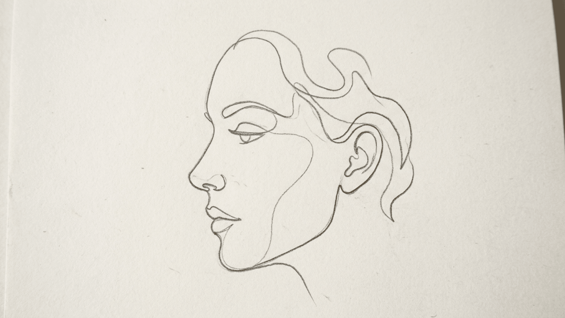 minimal single-line pencil sketch forming a continuous outline of a face