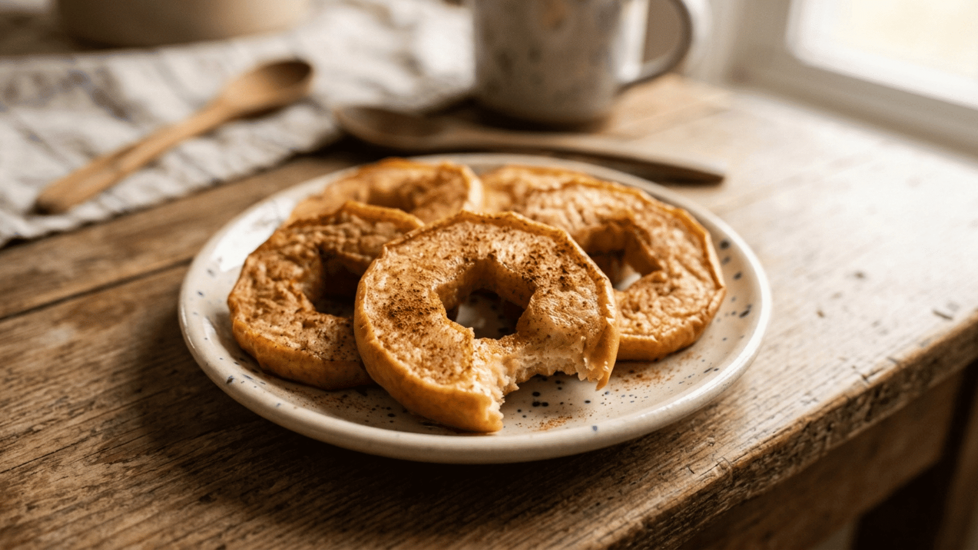 cinnamon baked apple rings served on a round toddler plate