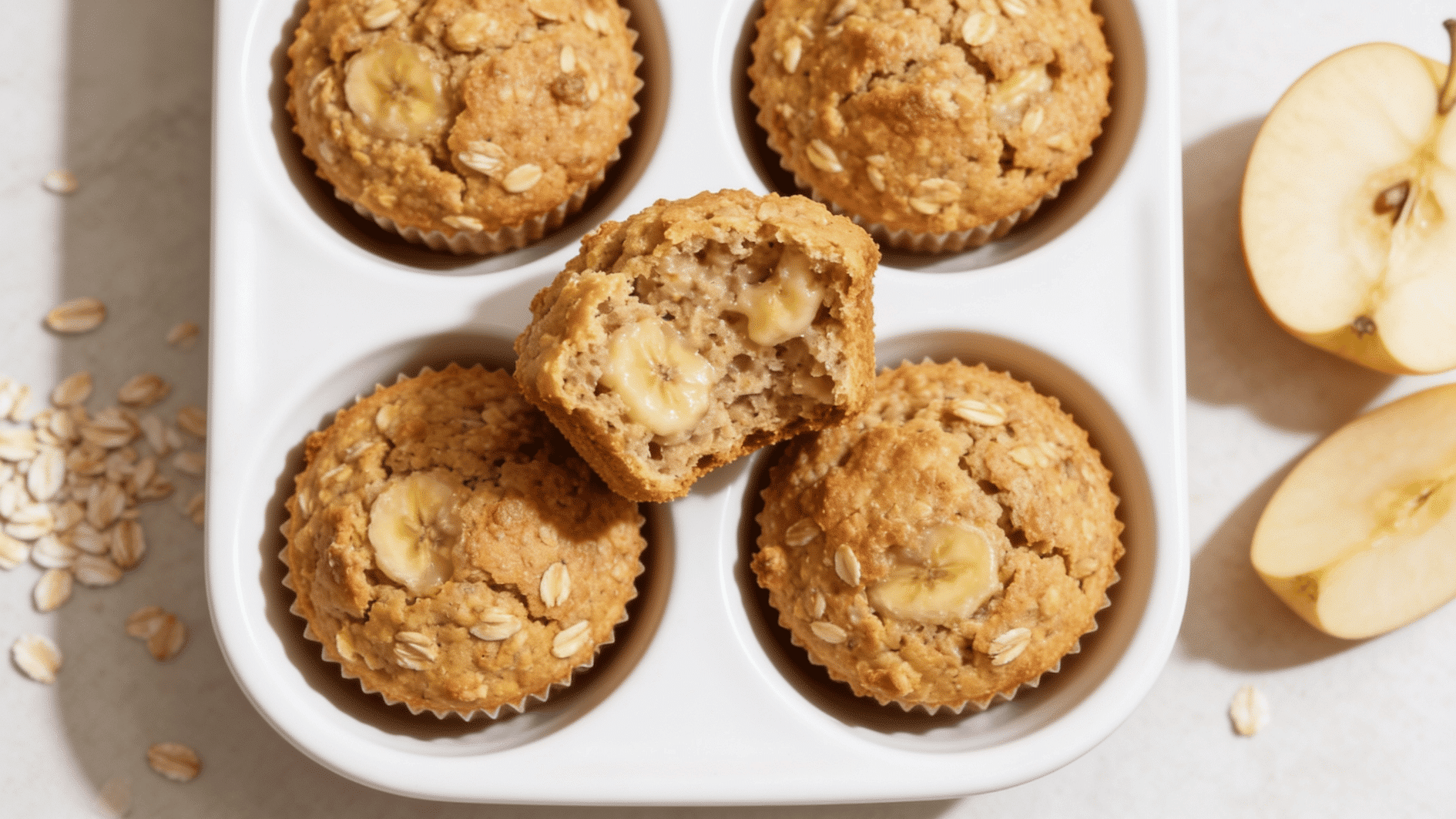 Baked oatmeal cups for toddler breakfast meal prep, cooling in a muffin tray with one split open