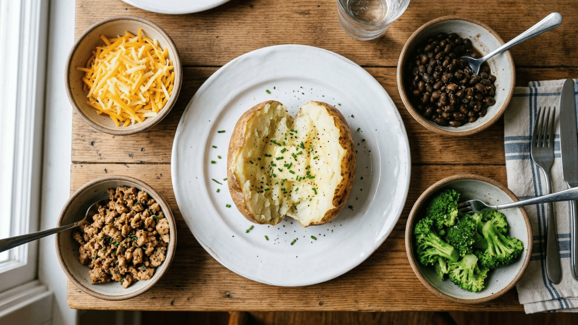 baked potato bar with cheese, beans, broccoli, and turkey toppings for kids