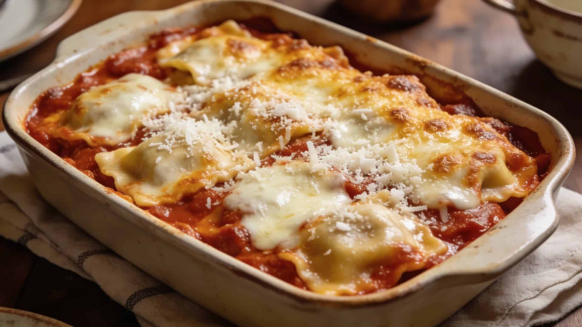 baked ravioli with tomato sauce and melted cheese served hot in a white baking dish on a wooden table