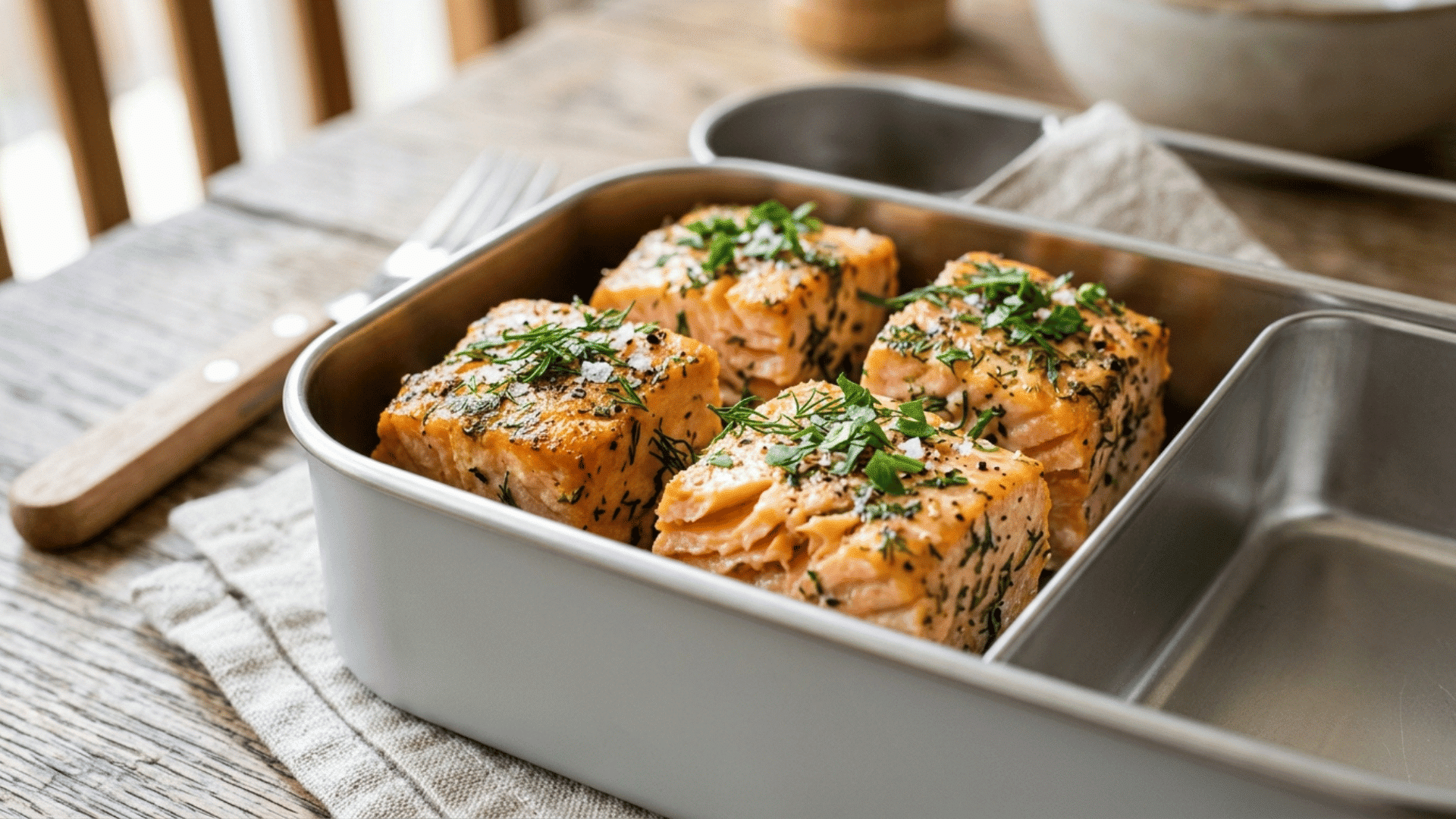 baked salmon bites packed in a light grey steel lunchbox