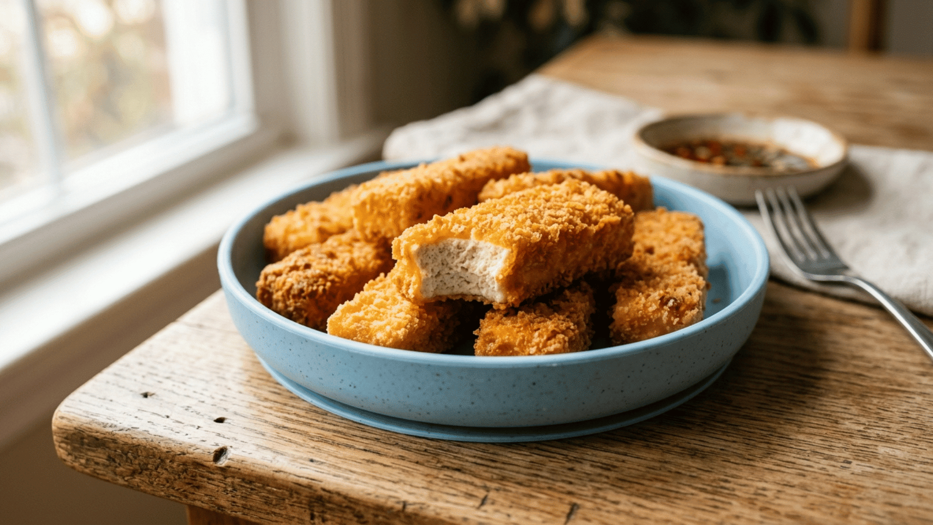 golden baked tofu fingers served on a blue silicone plate for baby