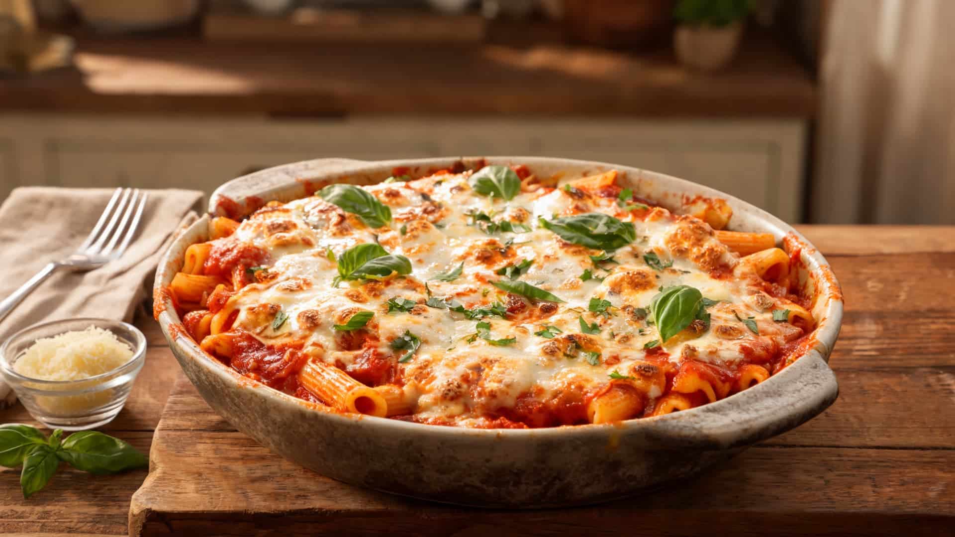 baked ziti with pasta tomato sauce and melted cheese topped with basil served in a baking dish on a wooden table