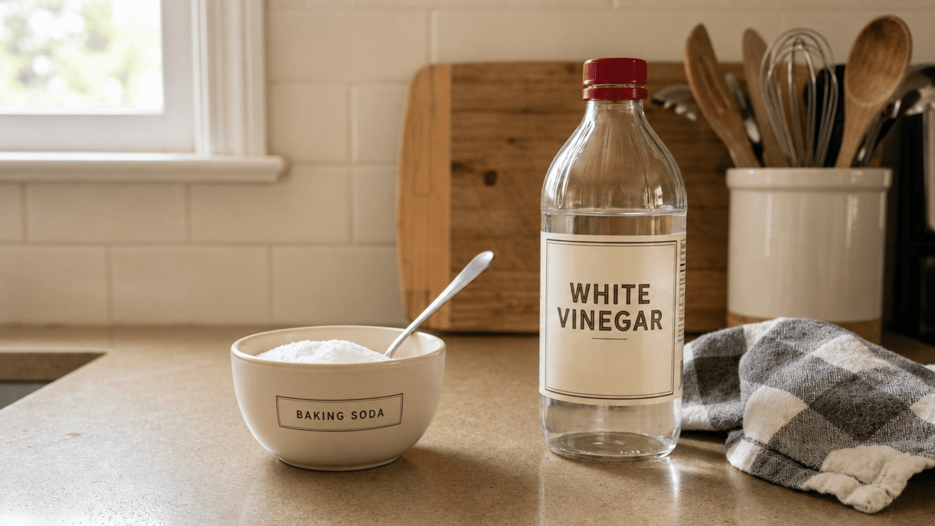 a bowl of baking soda with a spoon and a bottle of white vinegar on a kitchen counter, ingredients for a diy window cleaner