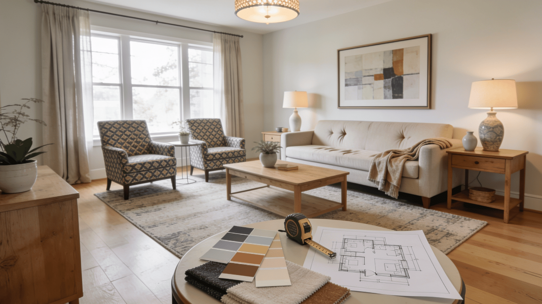 balanced furniture layout with a neutral sofa, two accent chairs, a properly sized area rug, layered lighting, ceiling-height curtains, framed wall art, natural wood furniture, a small side table