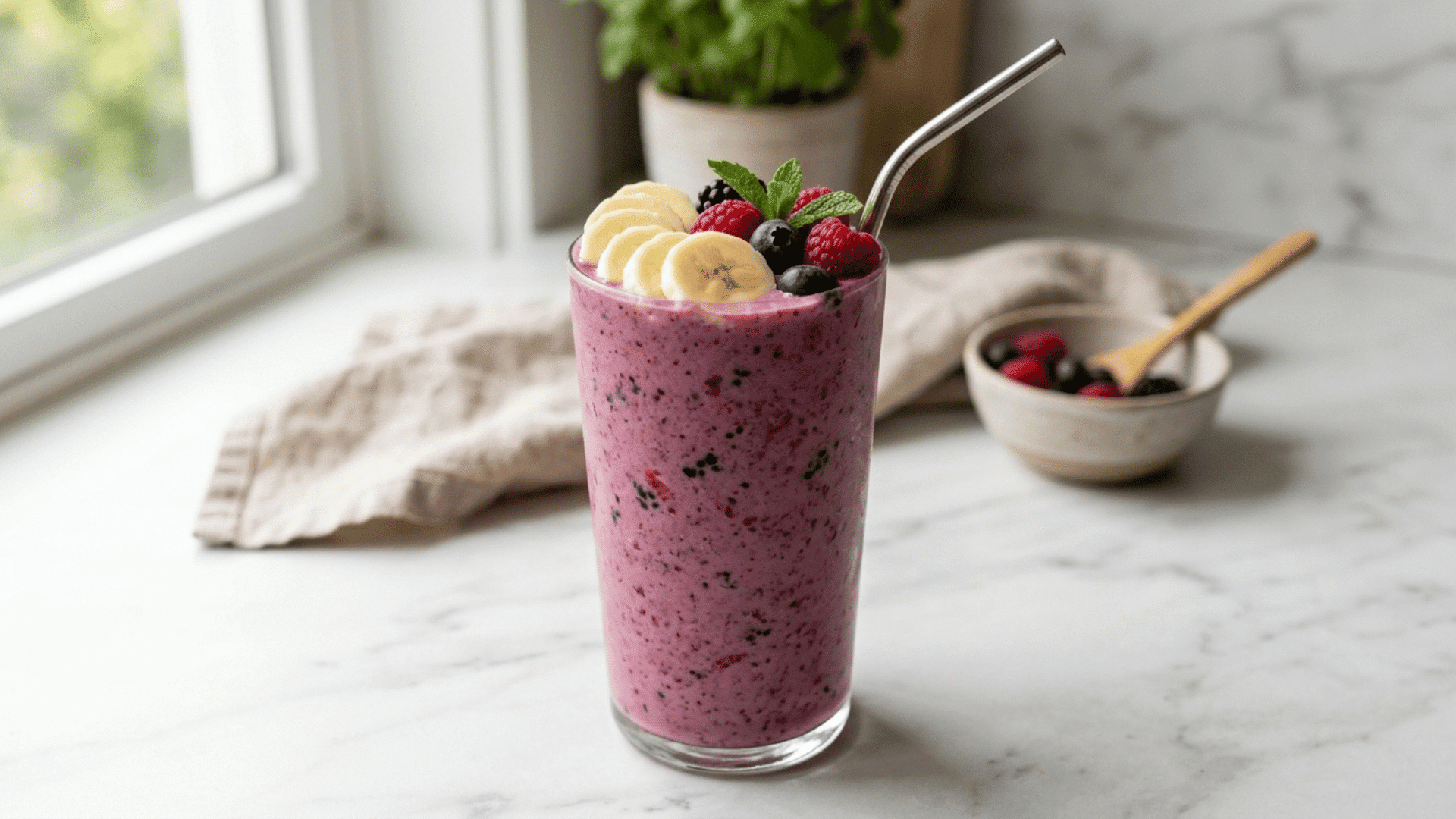 banana berry bliss smoothie in a glass topped with fresh berries