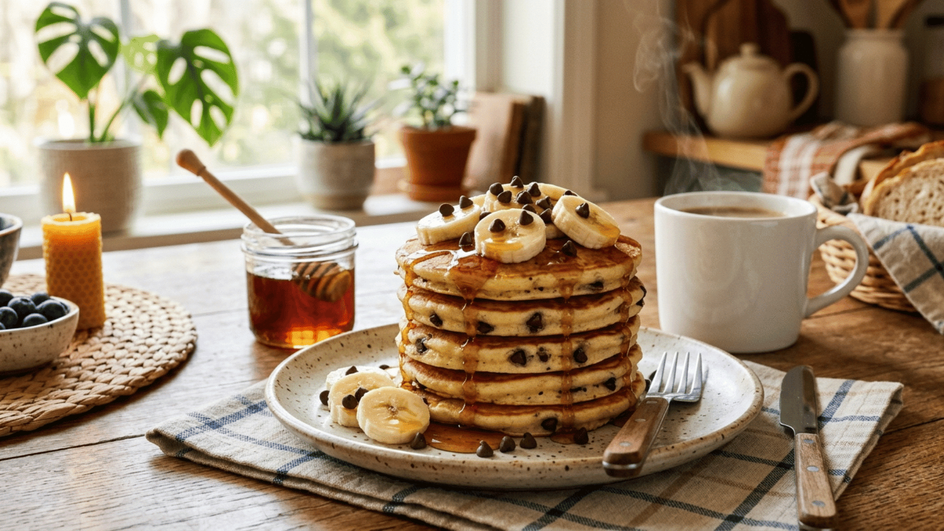 banana oat pancake stack with mini chocolate chips and syrup