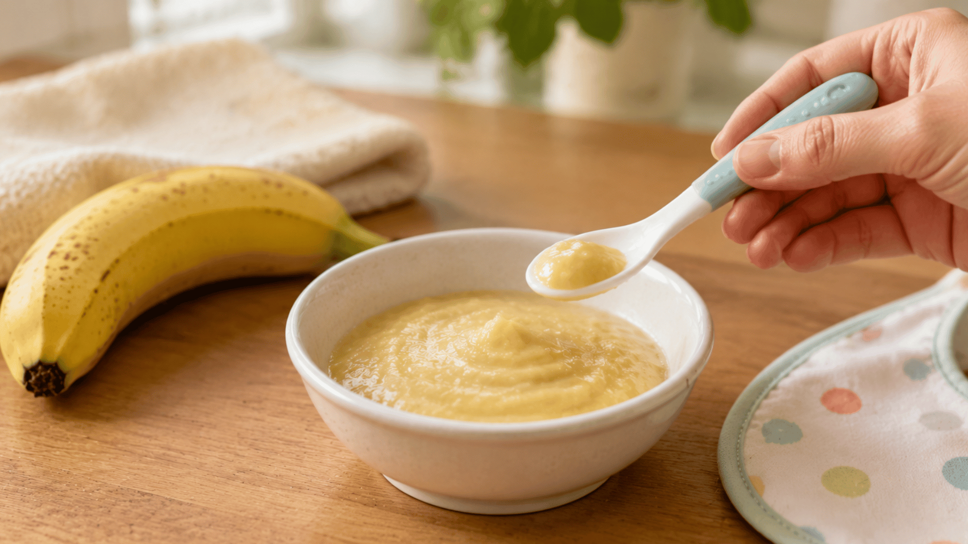 banana puree in bowl with baby spoon and ripe banana on wooden table in warm kitchen setting with soft natural light and bib beside