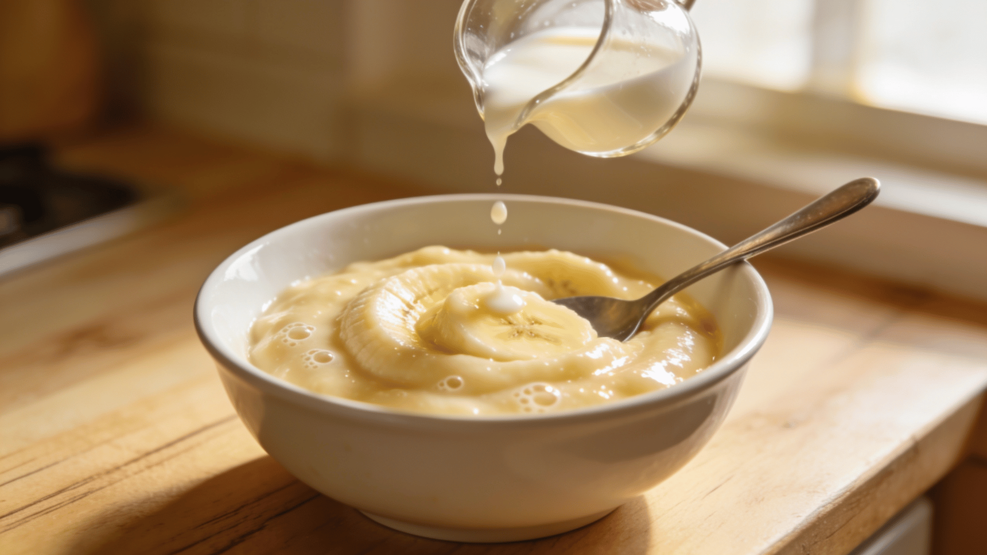 banana puree in bowl with spoon while milk is being poured from glass jug on wooden table in warm kitchen light close vi