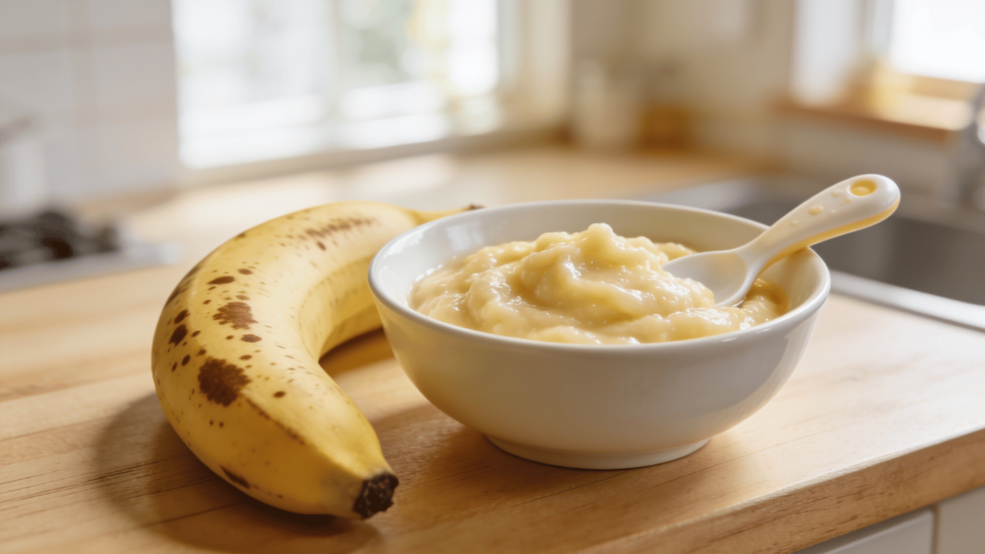 banana puree in white bowl with spoon on wooden table and ripe banana beside in soft natural kitchen light