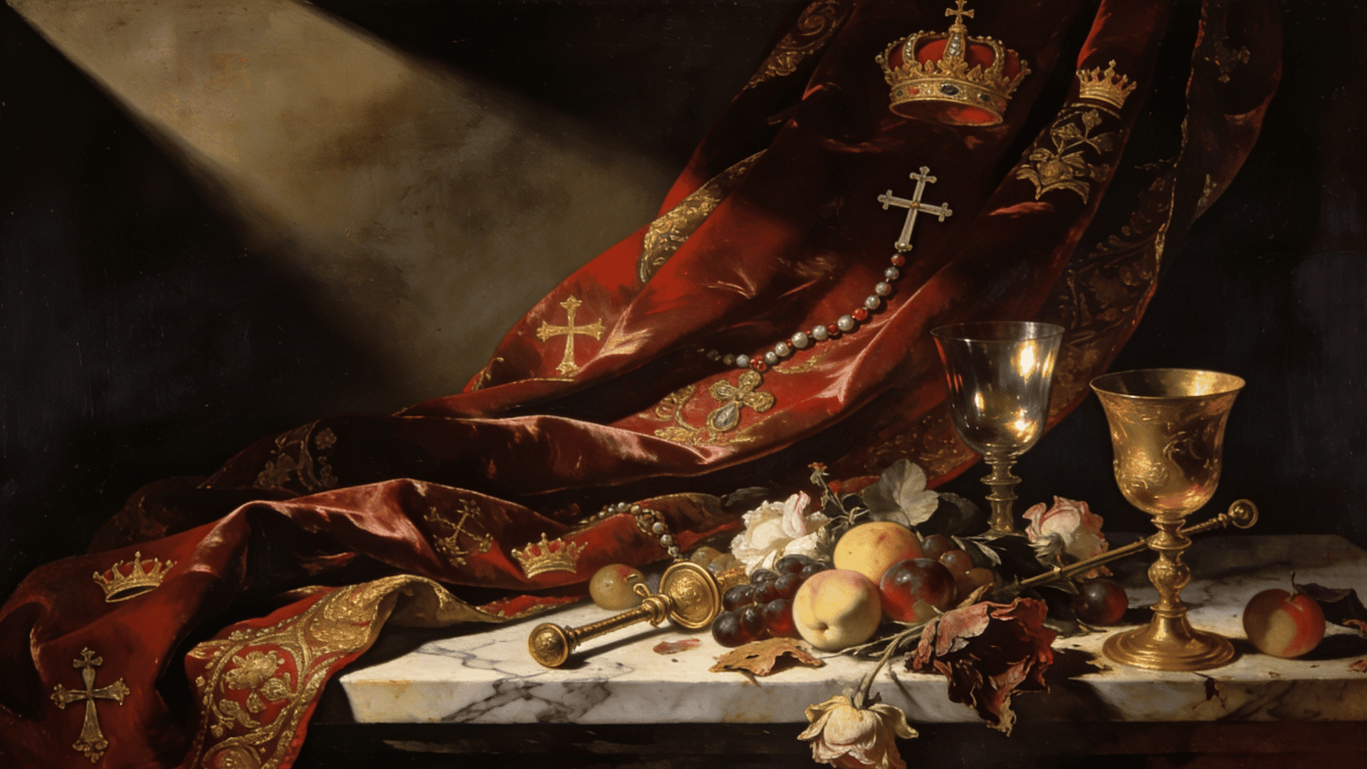 baroque style still life with royal red velvet fabric gold crown chalice fruit and dramatic light and shadow composition