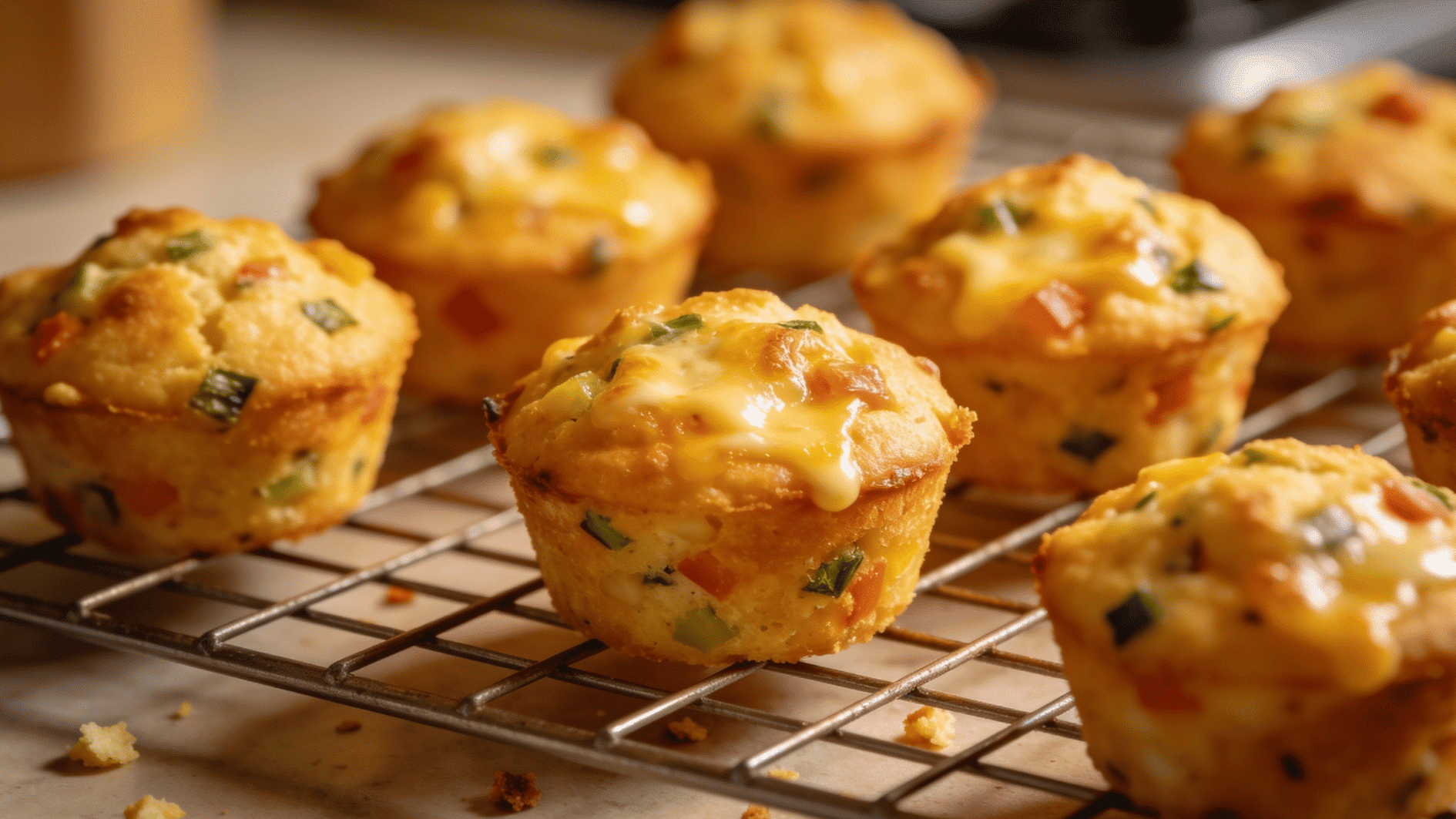 batch of golden savory mini muffins speckled with cheese and finely chopped vegetables