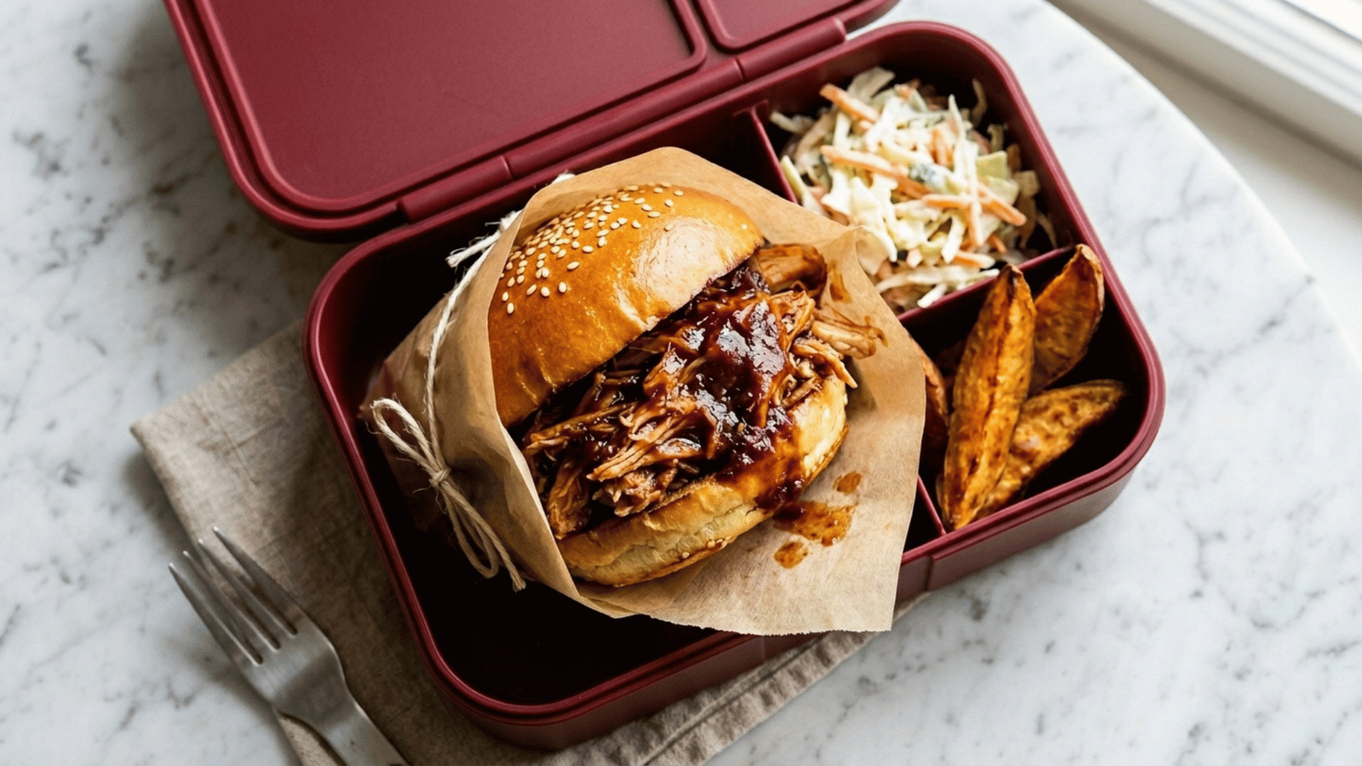 bbq pulled chicken slider packed in a dark red plastic lunchbox