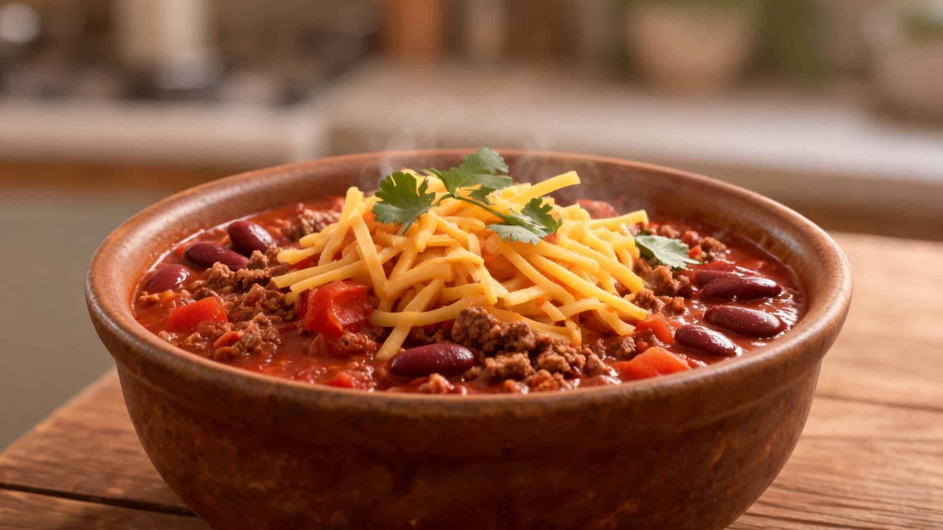 beef chili with kidney beans and melted cheese topping served in a bowl on a wooden table