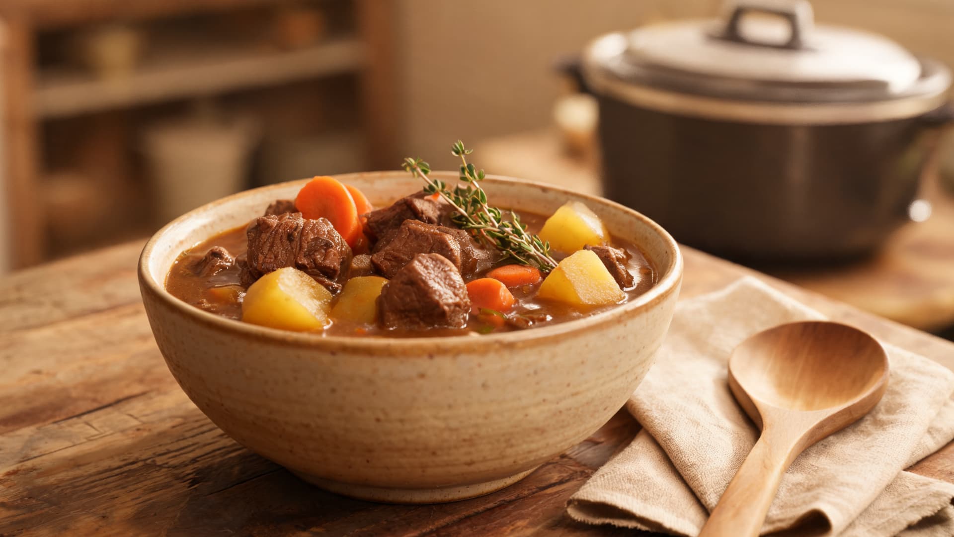 beef stew with potatoes and carrots served in a ceramic bowl on a wooden table