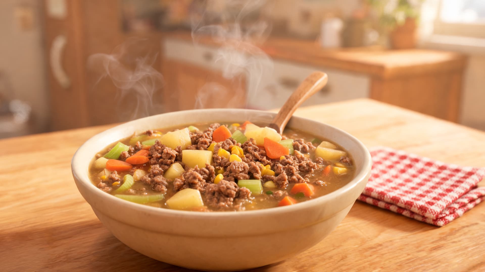 beef vegetable soup with potatoes carrots and corn served hot in a bowl with steam on a wooden kitchen table