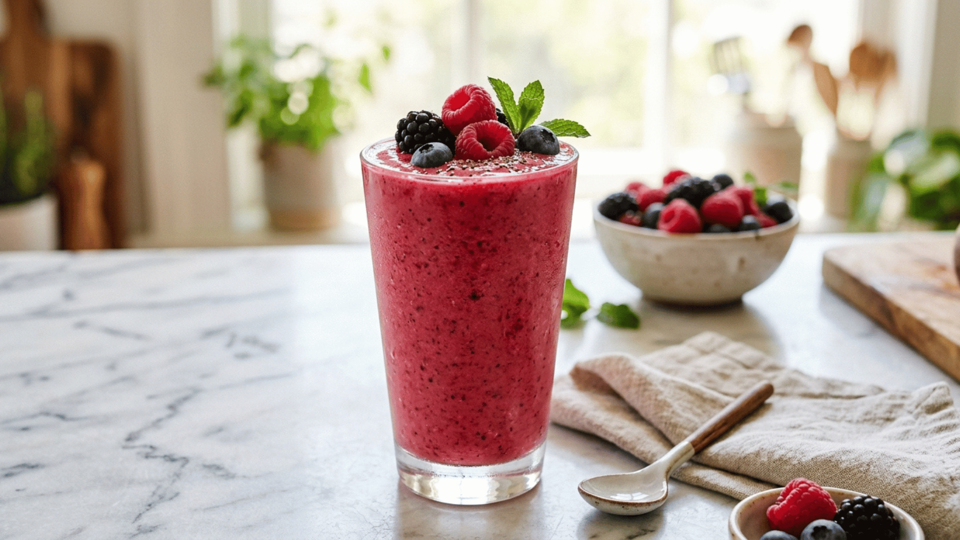 beet berry smoothie in a glass topped with fresh mixed berries