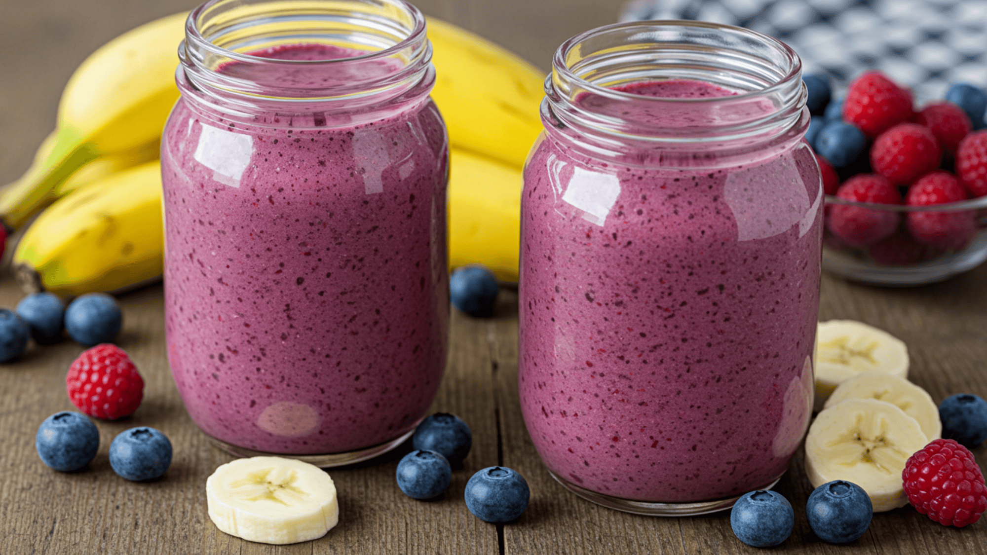 berry banana smoothie jars on a table and fruits spreaded around