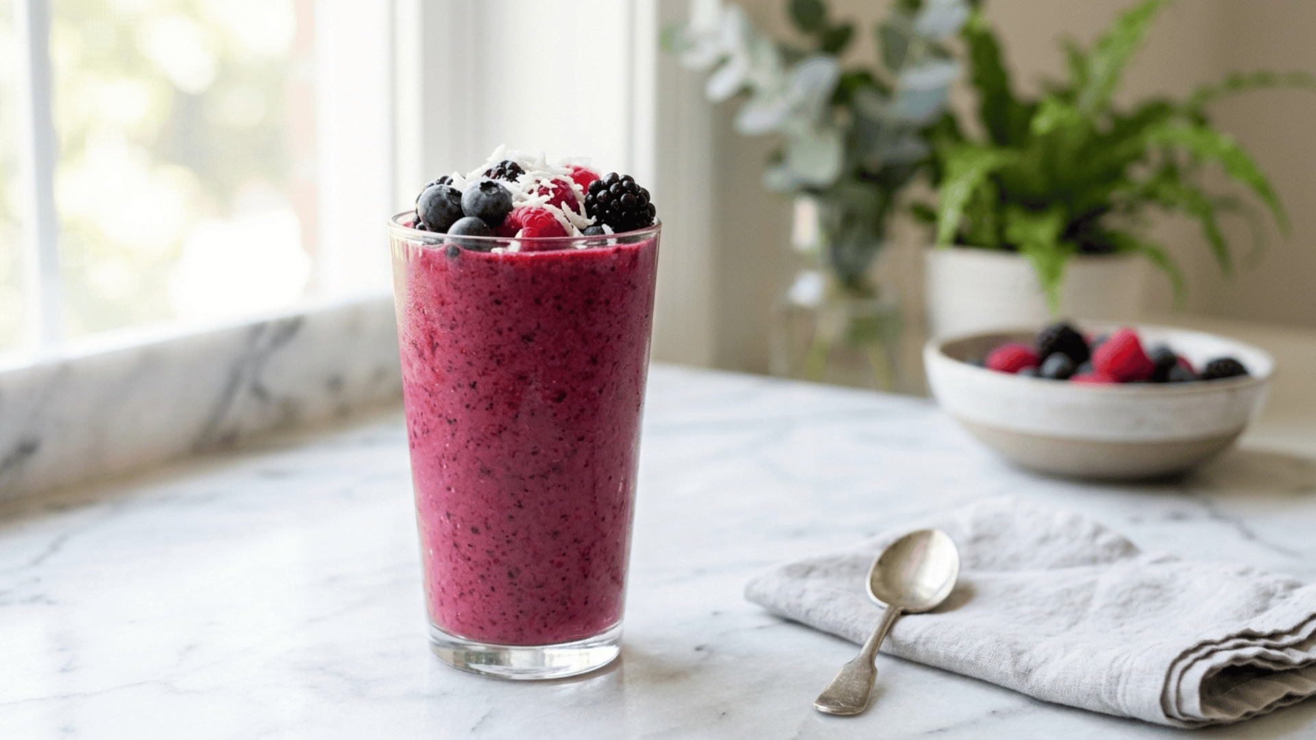 berry beet coconut smoothie in a glass topped with mixed berries