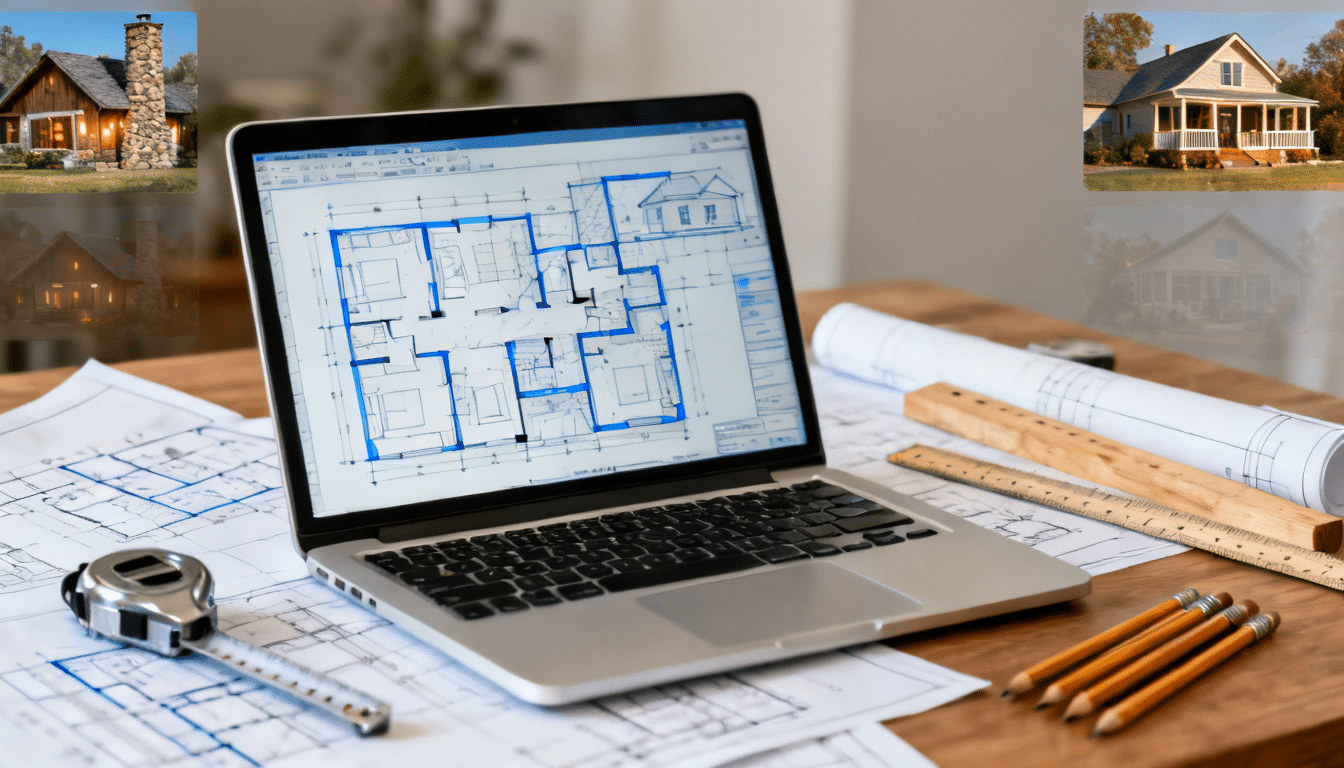 best websites for small house plans displayed on a laptop with blueprints tools and home design previews on a desk