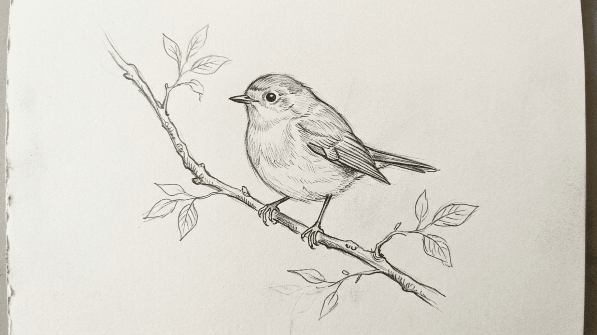 simple pencil drawing of a small bird perched on a thin branch with light feather detail