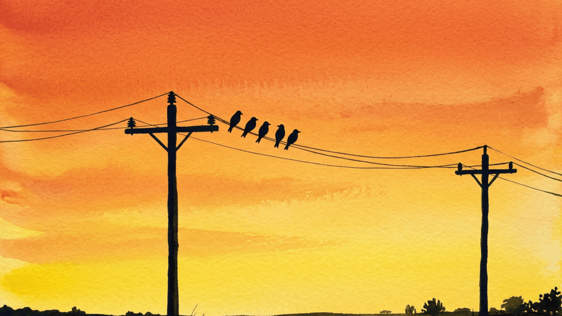 graceful birds on a wire painting with simple black silhouettes resting on a single straight line