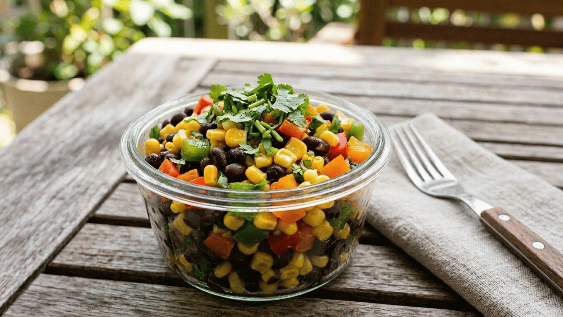 black bean and corn salad cup packed in a deep green steel lunchbox