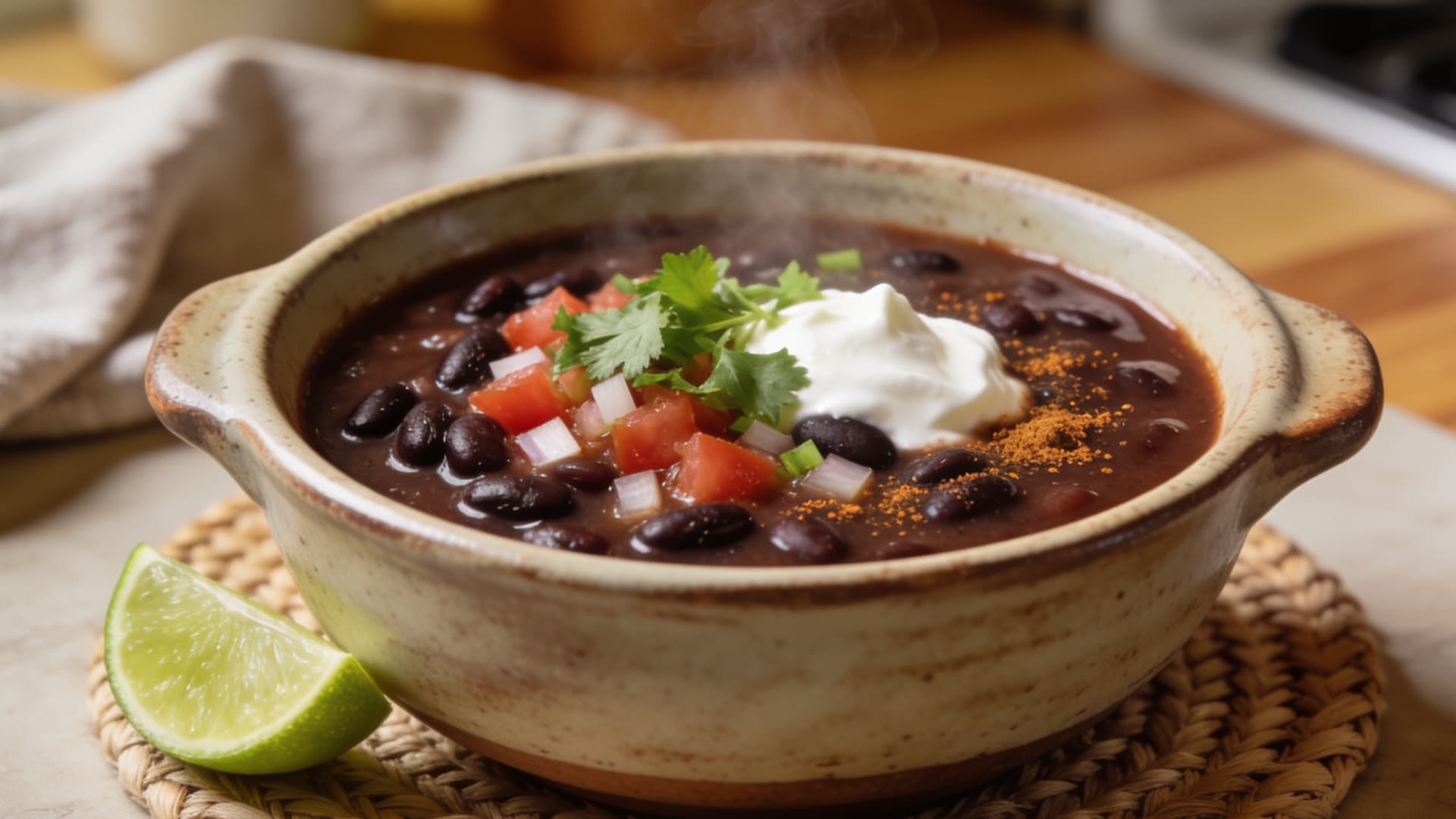 black bean soup with sour cream tomatoes and cilantro served hot in a ceramic bowl with lime on a wooden table