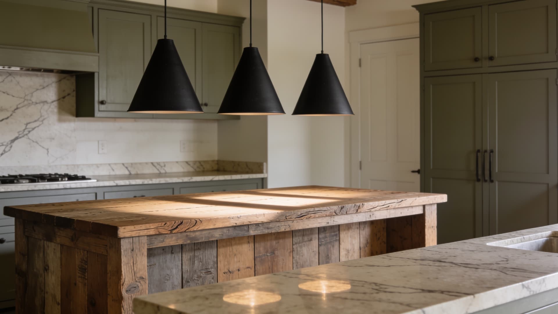 black cone pendant lights above a reclaimed wood island with painted cabinets and smooth stone counters